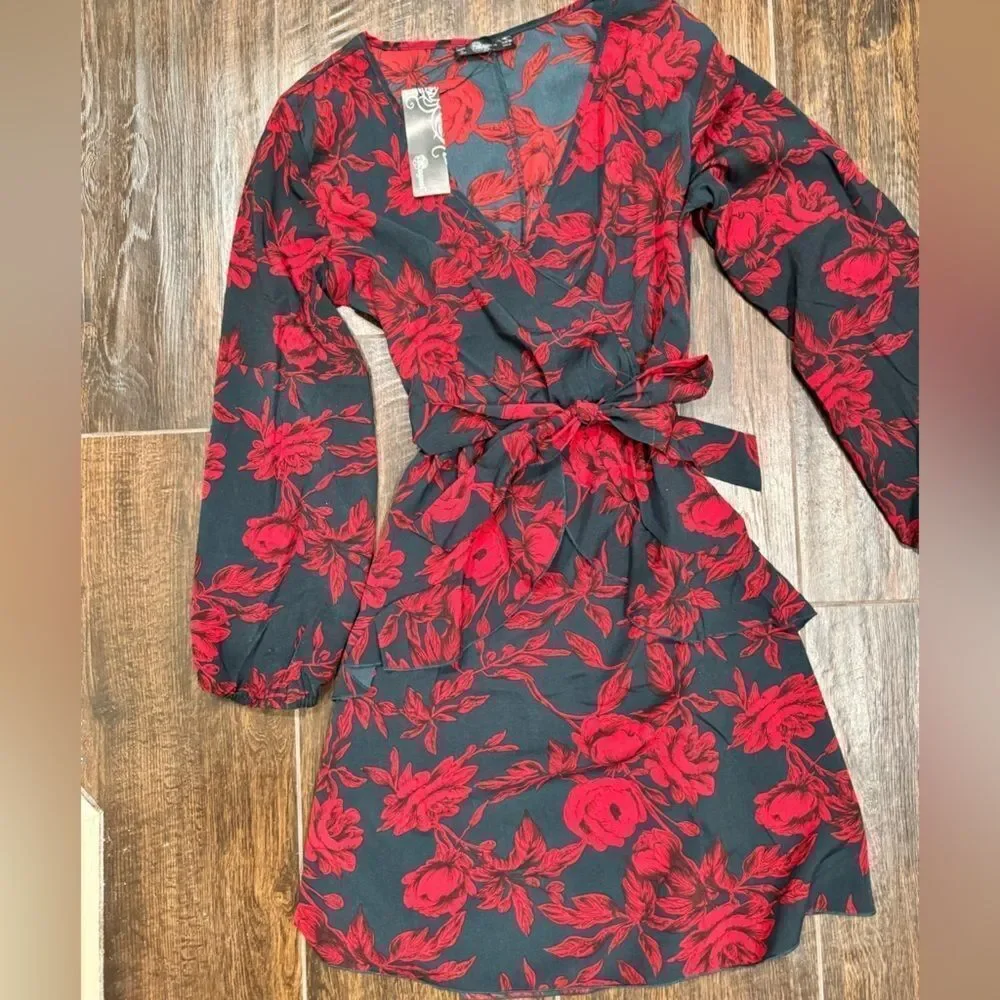 Dress Floral Long Sleeve A-Line Wrap Ruffle NWT SZ M - Picture 2 of 8